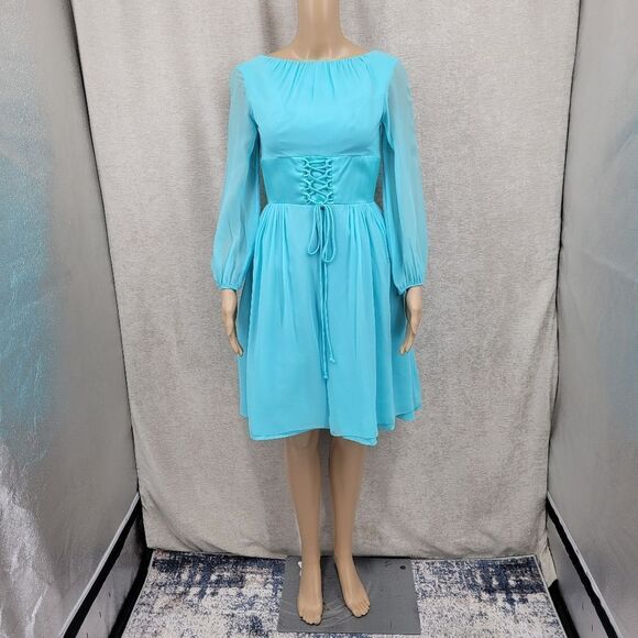 Vintage 60s Bright Blue Fairycore Midi Dress Corset Bodice Long Sleeves Chiffon - Picture 11 of 13